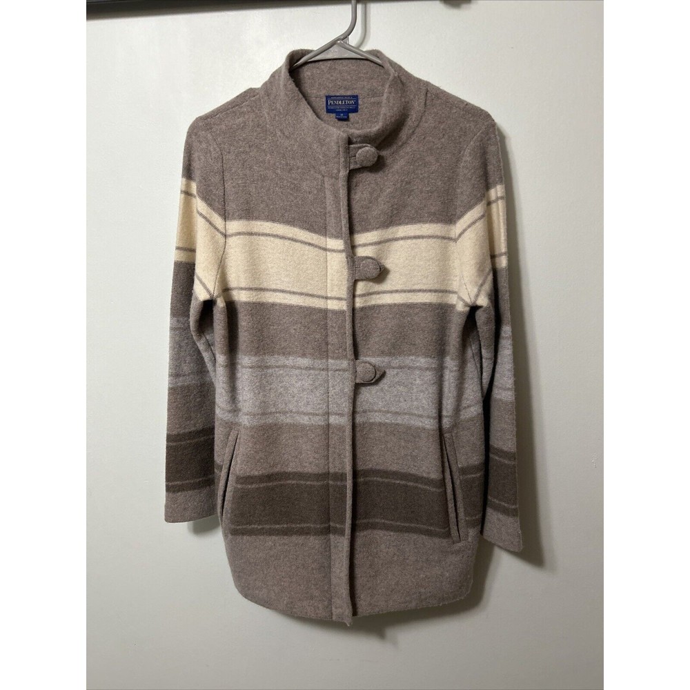 Pendleton Long Striped Sweater Coat Lambs Wool Knit Jacket, Medium, Gray/White